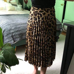Leopard Print Satin Pleated Midi Skirt